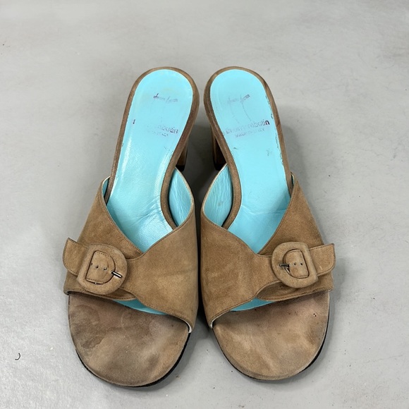 Thierry Rabotin Suede Slide Buckle Trianbgle Block Heels Sildes Mules - Picture 6 of 10